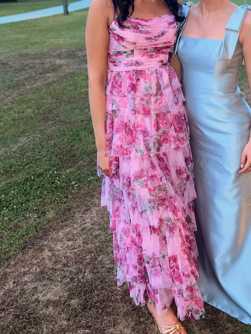 Dillards Dresses | Pink Floral Tiered Chiffon Prom Dress With Ruched Bodice | Color: Green/Pink | Size: 2 | Pm-58276013's Closet